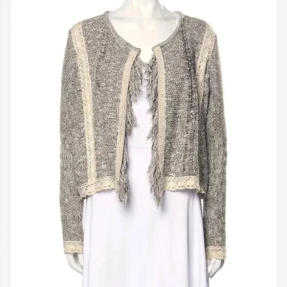 Mary McFadden Tweed Open Front Cardigan Lace Trim & Fringe Details Women's L - Picture 1 of 10